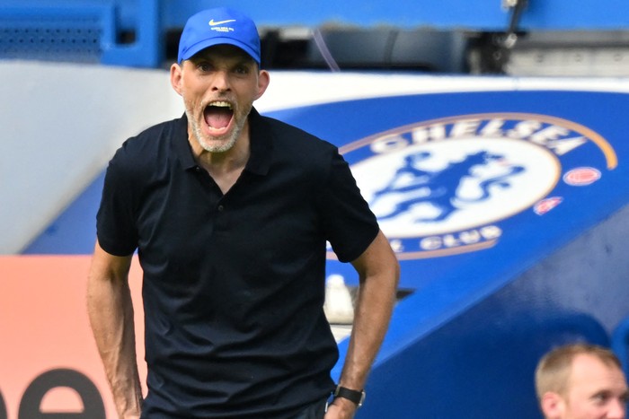 Chelseas German head coach Thomas Tuchel gestures on the touchline during the English Premier League football match between Chelsea and Tottenham Hotspur at Stamford Bridge in London on August 14, 2022. - RESTRICTED TO EDITORIAL USE. No use with unauthorized audio, video, data, fixture lists, club/league logos or live services. Online in-match use limited to 120 images. An additional 40 images may be used in extra time. No video emulation. Social media in-match use limited to 120 images. An additional 40 images may be used in extra time. No use in betting publications, games or single club/league/player publications. (Photo by Glyn KIRK / AFP) / RESTRICTED TO EDITORIAL USE. No use with unauthorized audio, video, data, fixture lists, club/league logos or live services. Online in-match use limited to 120 images. An additional 40 images may be used in extra time. No video emulation. Social media in-match use limited to 120 images. An additional 40 images may be used in extra time. No use in betting publications, games or single club/league/player publications. / RESTRICTED TO EDITORIAL USE. No use with unauthorized audio, video, data, fixture lists, club/league logos or live services. Online in-match use limited to 120 images. An additional 40 images may be used in extra time. No video emulation. Social media in-match use limited to 120 images. An additional 40 images may be used in extra time. No use in betting publications, games or single club/league/player publications. (Photo by GLYN KIRK/AFP via Getty Images)