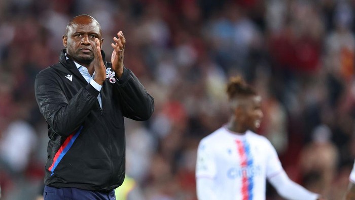 LIVERPOOL, ENGLAND - AUGUST 15: Patrick Vieira the head coach / manager of Crystal Palace at full time of the Premier League match between Liverpool FC and Crystal Palace at Anfield on August 15, 2022 in Liverpool, United Kingdom. (Photo by Robbie Jay Barratt - AMA/Getty Images)