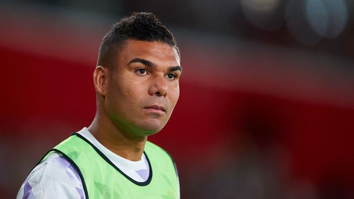 ALMERIA, SPAIN - AUGUST 14: Casemiro of Real Madrid looks on during the LaLiga Santander match between UD Almeria and Real Madrid CF at Juegos Mediterraneos on August 14, 2022 in Almeria, Spain. (Photo by Fran Santiago/Getty Images)