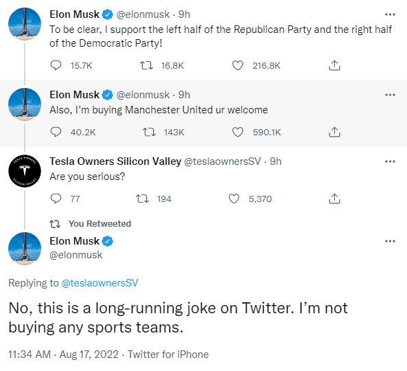 Elon Musk sempat menuliskan keinginannya untuk membeli Manchester United. Rupanya, hal itu hanya sekadar becanda saja alias bohongan!
