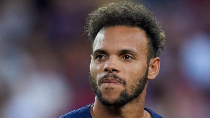 Martin Braithwaite of Barcelona poses prior the Joan Gamper Trophy, friendly presentation match between FC Barcelona and  Pumas UNAM at Spotify Camp Nou on August 7, 2022 in Barcelona, Spain. (Photo by Jose Breton/Pics Action/NurPhoto via Getty Images)