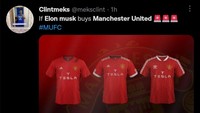 Jersey MU juga akan disponsori Tesla nih kalo Elon Musk jadi beli Setan Merah. (Foto: Twitter @meksclint)