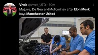 Ada lelucon David De Gea, Harry Maguire, dan Scott McTominay bakal diminta menjadi montir tesla saja. Salah satu produk Tesla adalah mobil listrik. (Foto: Twitter @vivek_UTD)