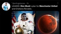 Mungkin Elon Musk juga berencana mengirim Cristiano Ronaldo ke Mars. Ronaldo sendiri kabarnya ingin cabut dari MU musim panas ini. (Foto: Twitter @erlingstones)