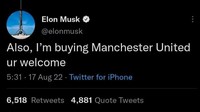 Elon Musk, pengusaha Amerika Serikat, mengumumkan bakal memberi Manchester United, raksasa Liga Inggris. Hal itu diumumkan lewat akun Twitter pribadinya. (Foto: Twitter @elonmusk)