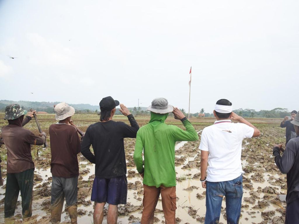 Momen Dedi Mulyadi Kibarkan Bendera Merah Putih Bareng Petani di Sawah