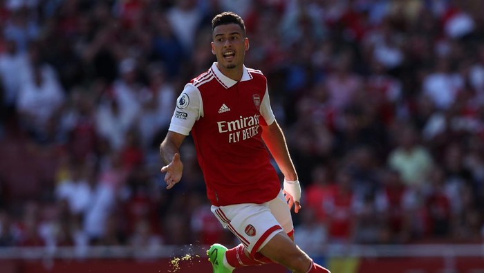 LONDON, ENGLAND - AUGUST 13:  Gabriel Martinelli of Arsenal in action during the Premier League match between Arsenal FC and Leicester City at Emirates Stadium on August 13, 2022 in London, England. (Photo by Julian Finney/Getty Images)