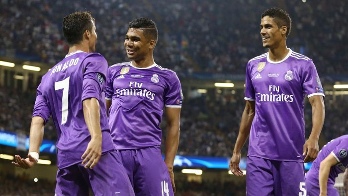 Cristiano Ronaldo celebrating with Casemiro and Raphael Varane of Real Madrid the UEFA Champions League Final between Juventus and Real Madrid at National Stadium of Wales on June 3, 2017 in Cardiff, Wales.
(Photo by Matteo Ciambelli/NurPhoto via Getty Images)