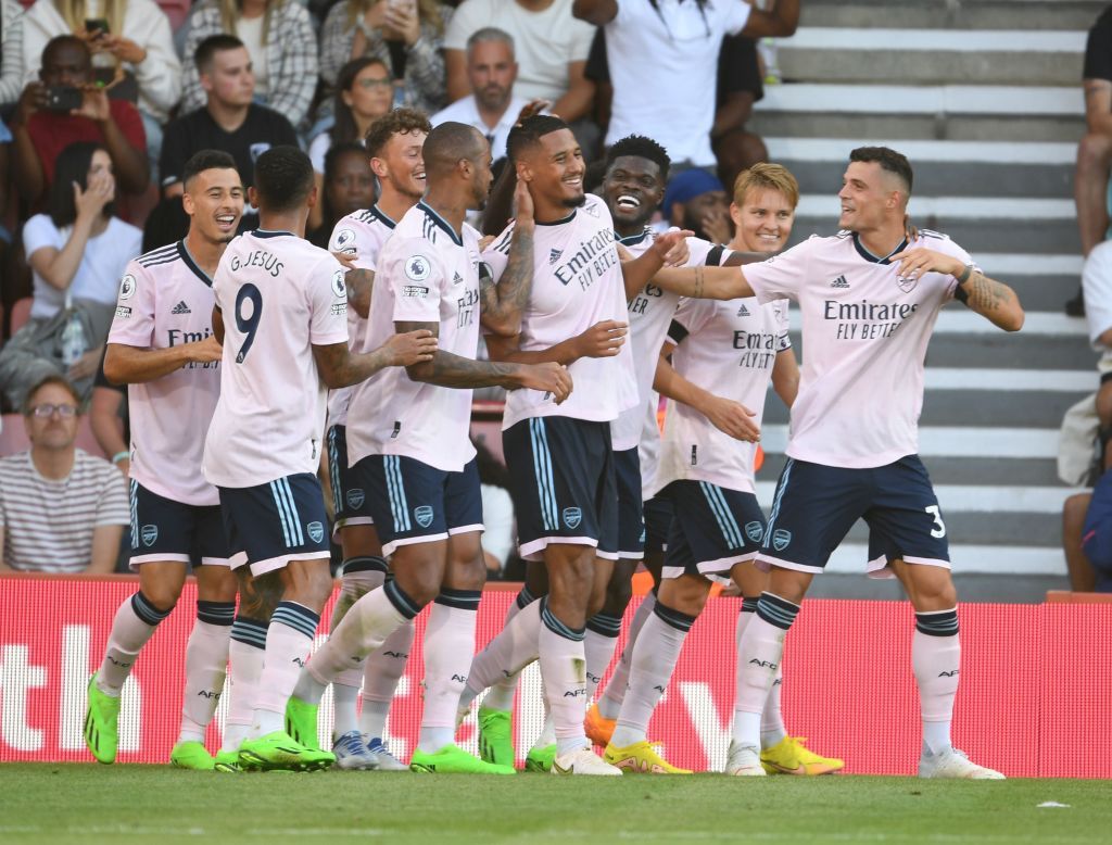 BOURNEMOUTH, ENGLAND - AUGUST 20: (4thR) William Salib celebrates scoring the 3rd Arsenal goal with (R) Granit Xhaka, (2ndR) Martin Odegaard, (3rdR) Thomas Partey, (L) Gabriel Martinelli, (2ndL) Gabriel Jesus, (3rdL) Ben White and (4thL) Gabriel during the Premier League match between AFC Bournemouth and Arsenal FC at Vitality Stadium on August 20, 2022 in Bournemouth, England. (Photo by Stuart MacFarlane/Arsenal FC via Getty Images)
