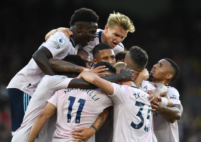 LONDON, ENGLAND - AUGUST 05: (L-R) Bukayo Saka, Martin Odegaard, William Saliba and Gabriel Jesus celebrate the 1st Arsenal goal, scored by Gabriel Martinelli during the Premier League match between Crystal Palace and Arsenal FC at Selhurst Park on August 05, 2022 in London, England. (Photo by Stuart MacFarlane/Arsenal FC via Getty Images)