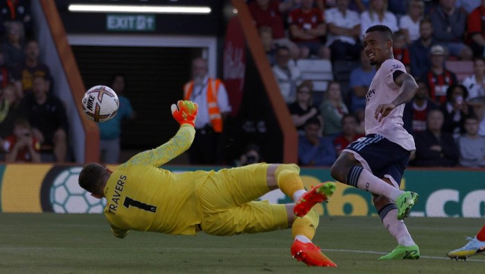 Arsenals Gabriel Jesus scores, only to see it ruled out for an offside decision, during the Premier League match at the Vitality Stadium, Bournemouth. Picture date: Saturday August 20, 2022. (Photo by Steven Paston/PA Images via Getty Images)