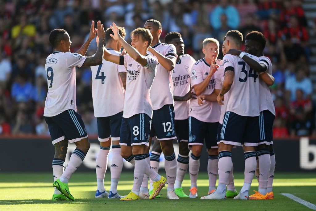 BOURNEMOUTH, ENGLAND - AUGUST 20: Martin Odegaard of Arsenal celebrates their sides second goal with team mate Gabriel Jesus during the Premier League match between AFC Bournemouth and Arsenal FC at Vitality Stadium on August 20, 2022 in Bournemouth, England. (Photo by Alex Davidson/Getty Images)