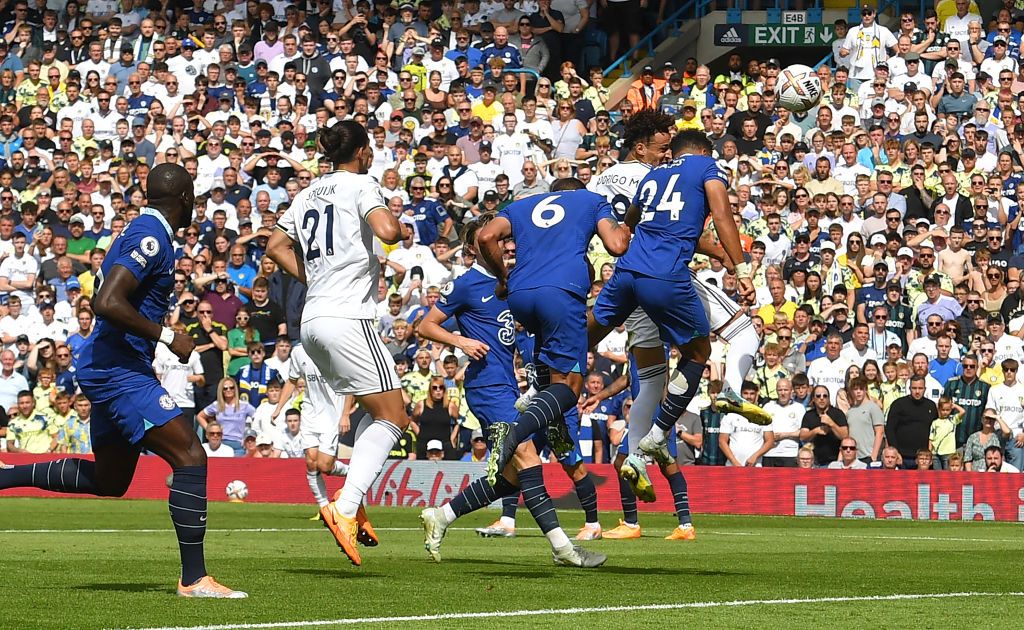 LEEDS, ENGLAND - AUGUST 21: Brendan Aaronson of Leeds United celebrates after scoring a goal to make it 1-0 during the Premier League match between Leeds United and Chelsea FC at Elland Road on August 21, 2022 in Leeds, United Kingdom. (Photo by Robbie Jay Barratt - AMA/Getty Images)