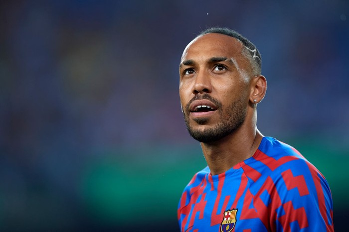 Pierre-Emerick Aubameyang centre-forward of Barcelona and Gabon during the warm-up before the La Liga Santander match between FC Barcelona and Rayo Vallecano at Spotify Camp Nou on August 13, 2022 in Barcelona, Spain. (Photo by Jose Breton/Pics Action/NurPhoto via Getty Images)