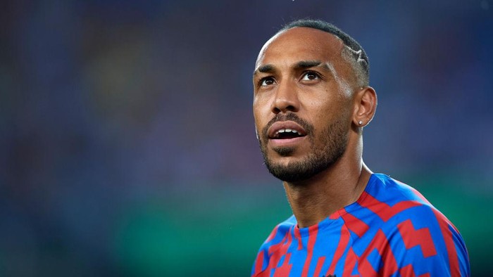 Pierre-Emerick Aubameyang centre-forward of Barcelona and Gabon during the warm-up before the La Liga Santander match between FC Barcelona and Rayo Vallecano at Spotify Camp Nou on August 13, 2022 in Barcelona, Spain. (Photo by Jose Breton/Pics Action/NurPhoto via Getty Images)
