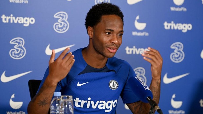 COBHAM, ENGLAND - AUGUST 11:  Raheem Sterling of Chelsea during a press conference at Chelsea Training Ground on August 11, 2022 in Cobham, England. (Photo by Darren Walsh/Chelsea FC via Getty Images)