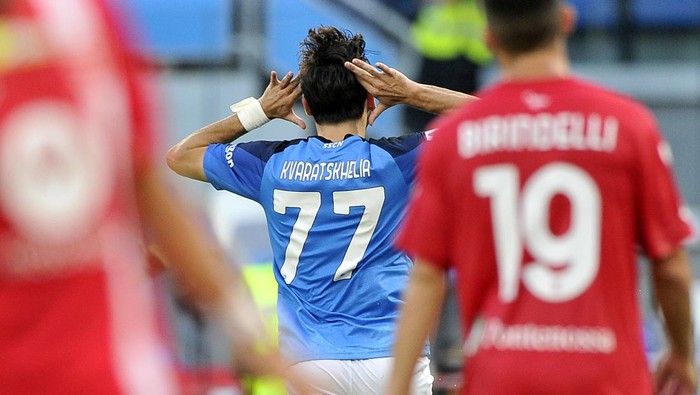 Khvicha Kvaratskhelia DIEGO ARMANDO MARADONA STADIUM, NAPOLI, ITALY - 2022/08/21: Khvicha Kvaratskhelia player of Napoli, during the match of the Italian Serie A league between Napoli vs Monza final result, Napoli 4, Monza 0, match played at the Diego Armando Maradona stadium. (Photo by Vincenzo Izzo/LightRocket via Getty Images)