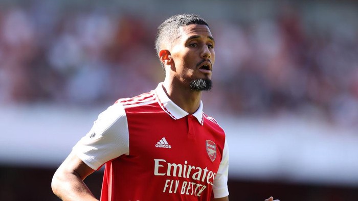 ORLANDO, FLORIDA - JULY 23: Gabriel Magalhaes and William Saliba of Arsenal during the Florida Cup match between Cheslea and Arsenal at Camping World Stadium on July 23, 2022 in Orlando, Florida. (Photo by David Price/Arsenal FC via Getty Images)