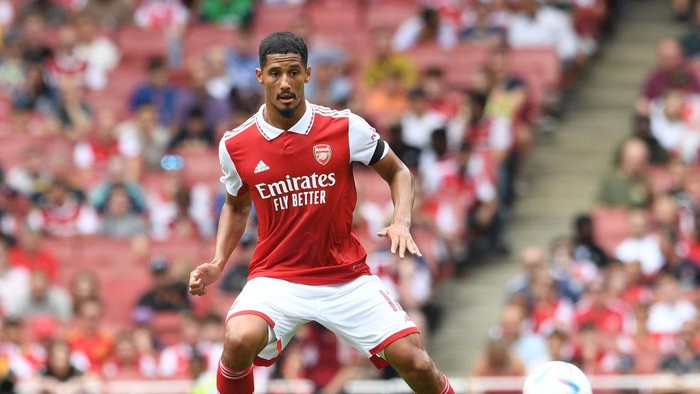 ORLANDO, FLORIDA - JULY 23: Gabriel Magalhaes and William Saliba of Arsenal during the Florida Cup match between Cheslea and Arsenal at Camping World Stadium on July 23, 2022 in Orlando, Florida. (Photo by David Price/Arsenal FC via Getty Images)