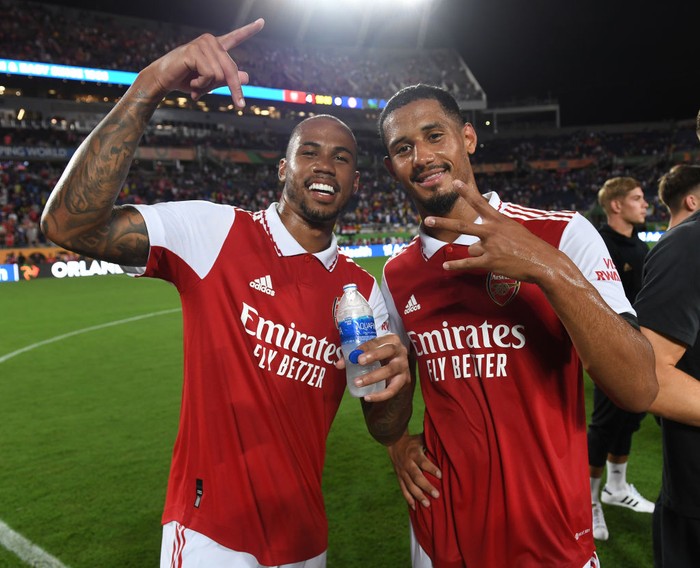 ORLANDO, FLORIDA - JULY 23: Gabriel Magalhaes and William Saliba of Arsenal during the Florida Cup match between Cheslea and Arsenal at Camping World Stadium on July 23, 2022 in Orlando, Florida. (Photo by David Price/Arsenal FC via Getty Images)