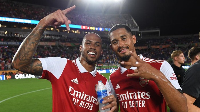 ORLANDO, FLORIDA - JULY 23: Gabriel Magalhaes and William Saliba of Arsenal during the Florida Cup match between Cheslea and Arsenal at Camping World Stadium on July 23, 2022 in Orlando, Florida. (Photo by David Price/Arsenal FC via Getty Images)