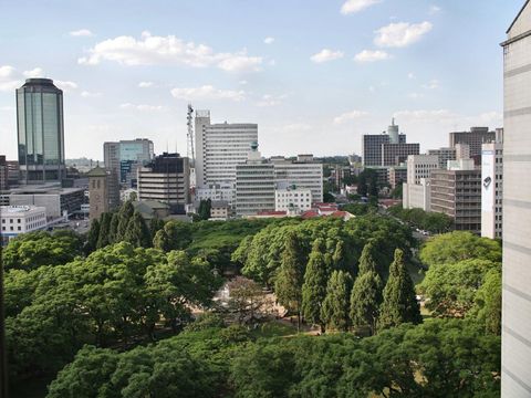 High angle view of buildings and park in midtown Harare, Zimbabwe