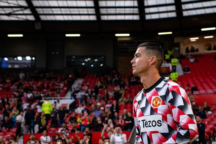 MANCHESTER, ENGLAND - AUGUST 22:  Cristiano Ronaldo of Manchester United walks out to warm up prior to the Premier League match between Manchester United and Liverpool FC at Old Trafford on August 22, 2022 in Manchester, United Kingdom. (Photo by Ash Donelon/Manchester United via Getty Images)