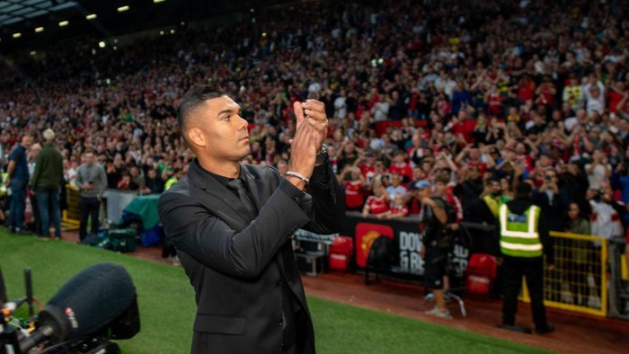 MANCHESTER, ENGLAND - AUGUST 22: Casemiro of Manchester United walks out ahead of the Premier League match between Manchester United and Liverpool FC at Old Trafford on August 22, 2022 in Manchester, England. (Photo by Ash Donelon/Manchester United via Getty Images)