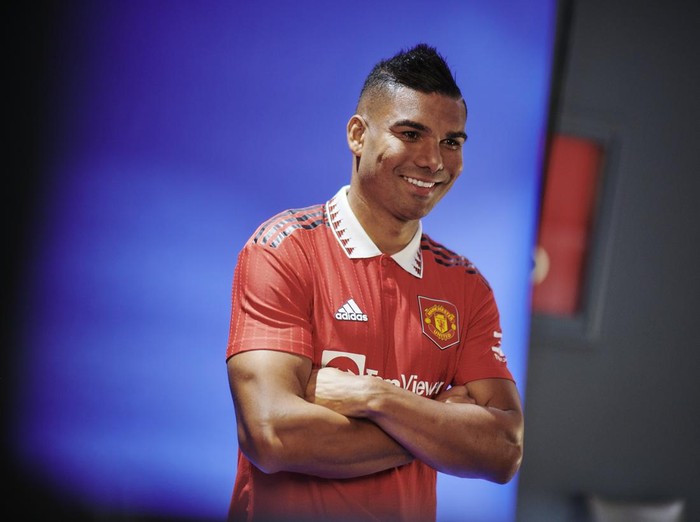 MANCHESTER, ENGLAND - AUGUST 25: (EXCLUSIVE COVERAGE) Casemiro of Manchester United poses after signing for the club at Carrington Training Ground on August 25, 2022 in Manchester, England. (Photo by Manchester United/Manchester United via Getty Images)