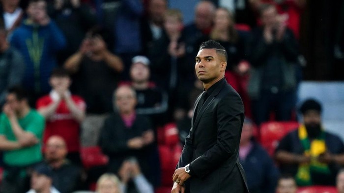 Manchester Uniteds new signing Casemiro on the pitch before the Premier League match at Old Trafford, Manchester. Picture date: Monday August 22, 2022. (Photo by David Davies/PA Images via Getty Images)