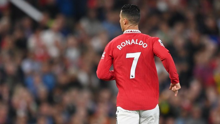 MANCHESTER, ENGLAND - AUGUST 22: Cristiano Ronaldo of Manchester United looks on during the Premier League match between Manchester United and Liverpool FC at Old Trafford on August 22, 2022 in Manchester, England. (Photo by Michael Regan/Getty Images)