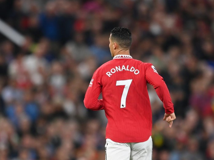 MANCHESTER, ENGLAND - AUGUST 22: Cristiano Ronaldo of Manchester United looks on during the Premier League match between Manchester United and Liverpool FC at Old Trafford on August 22, 2022 in Manchester, England. (Photo by Michael Regan/Getty Images)