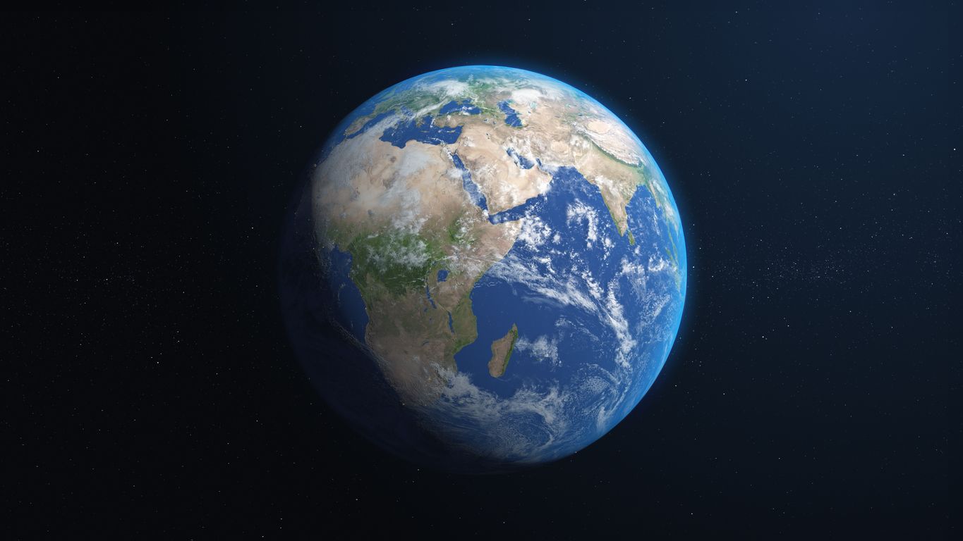 3D blue earth on space.  planet, galaxy, stars, cosmos, sea, earth, sunset, globe.