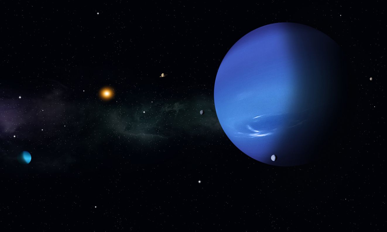 imaginary journey in space to the blue gas giant Neptune