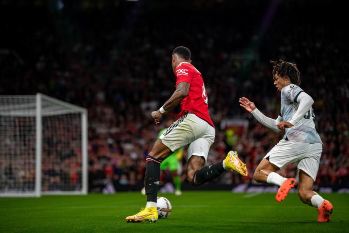 MANCHESTER, ENGLAND - AUGUST 22: Marcus Rashford of Manchester United in action during the Premier League match between Manchester United and Liverpool FC at Old Trafford on August 22, 2022 in Manchester, England. (Photo by Ash Donelon/Manchester United via Getty Images)