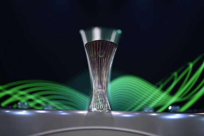 ISTANBUL, TURKIYE - AUGUST 26: The UEFA Europa Conference League trophy on stage during the UEFA Europa Conference League 2022/23 Group Stage Draw at Halic Congress Centre on August 26, 2022 in Istanbul, Turkiye. (Photo by Kristian Skeie - UEFA/UEFA via Getty Images)
