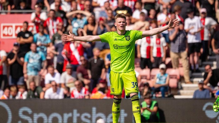 SOUTHAMPTON, ENGLAND - AUGUST 27: Scott McTominay of Manchester United in action during the Premier League match between Southampton FC and Manchester United at Friends Provident St. Marys Stadium on August 27, 2022 in Southampton, England. (Photo by Ash Donelon/Manchester United via Getty Images)