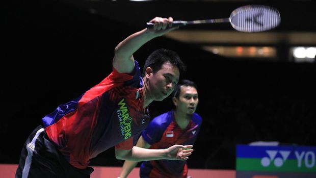 Mohammad Ahsan/Hendra Setiawan di Kejuaraan Dunia 2022 yang berlangsung di Tokyo . (Arsip PBSI)