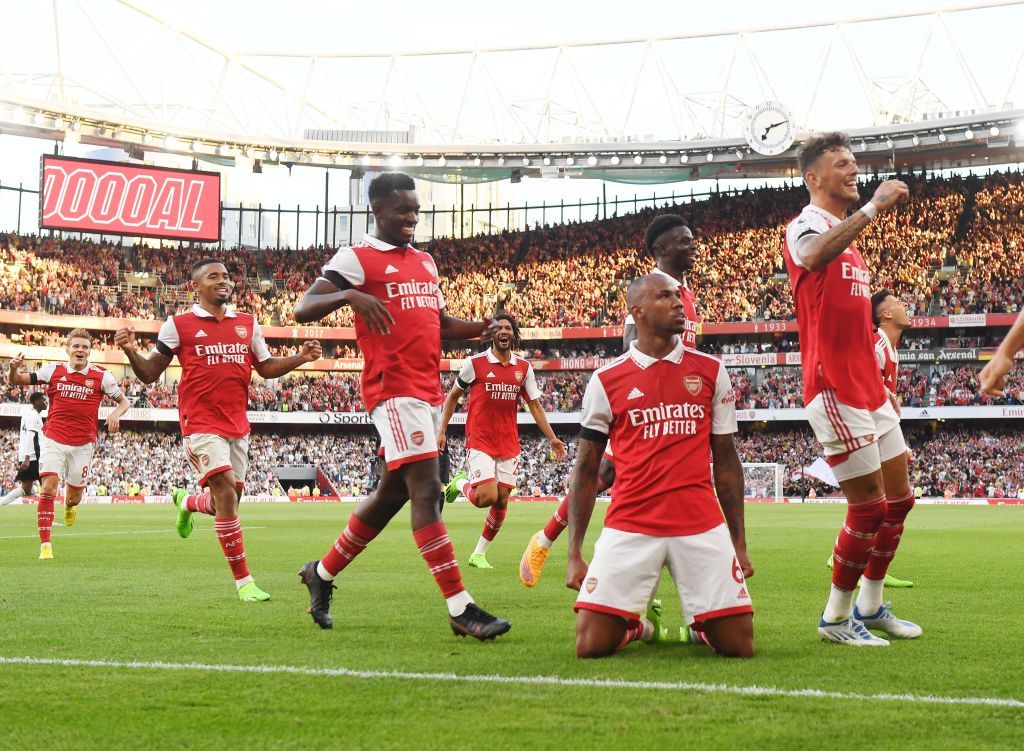 LONDON, ENGLAND - AUGUST 27: (2ndR) Gabriel celebrates scoring the 2nd Arsenal goal with (R) Ben White and (RO Eddie Nketiah during the Premier League match between Arsenal FC and Fulham FC at Emirates Stadium on August 27, 2022 in London, England. (Photo by Stuart MacFarlane/Arsenal FC via Getty Images)