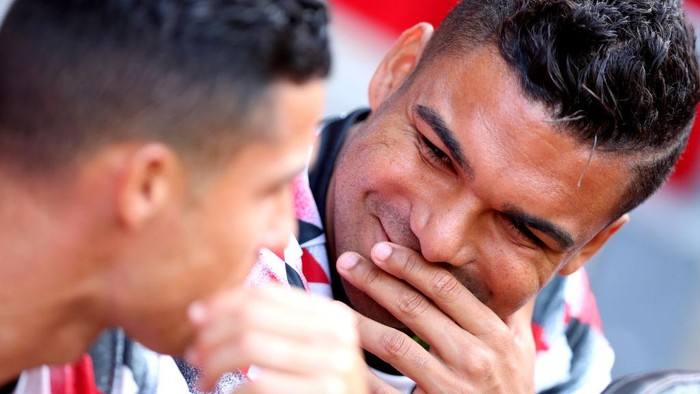 Cristiano Ronaldo Manchester United's Cristiano Ronaldo (left) speaks to team-mate Casemiro ahead of the Premier League match at St Mary's Stadium, Southampton. Picture date: Saturday August 27, 2022. (Photo by Kieran Cleeves/PA Images via Getty Images)