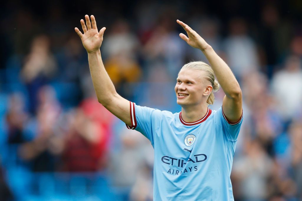 MANCHESTER, ENGLAND - AUGUST 27: Erling Haaland of Manchester City interacts with the crowd following the Premier League match between Manchester City and Crystal Palace at Etihad Stadium on August 27, 2022 in Manchester, England. (Photo by Lynne Cameron - Manchester City/Manchester City FC via Getty Images)