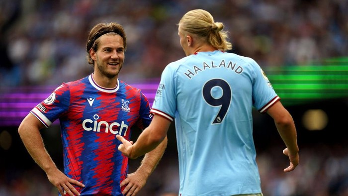 Crystal Palaces Joachim Andersen and Manchester Citys Erling Haaland during the Premier League match at the Etihad Stadium, Manchester. Picture date: Saturday August 27, 2022. (Photo by Nick Potts/PA Images via Getty Images)