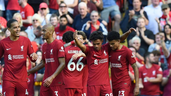 liverpool vs bournemouth LIVERPOOL, ENGLAND - AUGUST 27: ( THE SUN OUT,THE SUN ON SUNDAY OUT) Luis Diaz of Liverpool scores the ninth goal making the score 9-0 during the Premier League match between Liverpool FC and AFC Bournemouth at Anfield on August 27, 2022 in Liverpool, England. (Photo by John Powell/Liverpool FC via Getty Images)