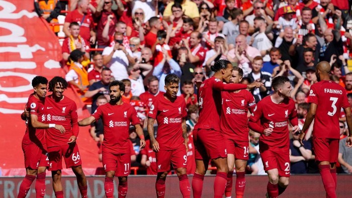 Liverpools Luis Diaz (left) celebrates with his team-mates after scoring their sides first goal of the game during the Premier League match at Anfield, Liverpool. Picture date: Saturday August 27, 2022. (Photo by Peter Byrne/PA Images via Getty Images)