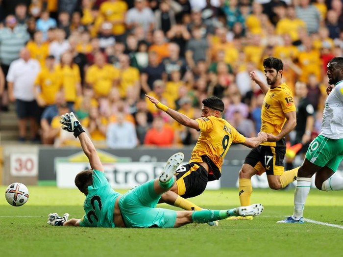 WOLVERHAMPTON, ENGLAND - AUGUST 28: Raul Jimenez of Wolverhampton Wanderers scores a goal which is disallowed after a VAR review during the Premier League match between Wolverhampton Wanderers and Newcastle United at Molineux on August 28, 2022 in Wolverhampton, England. (Photo by David Rogers/Getty Images)