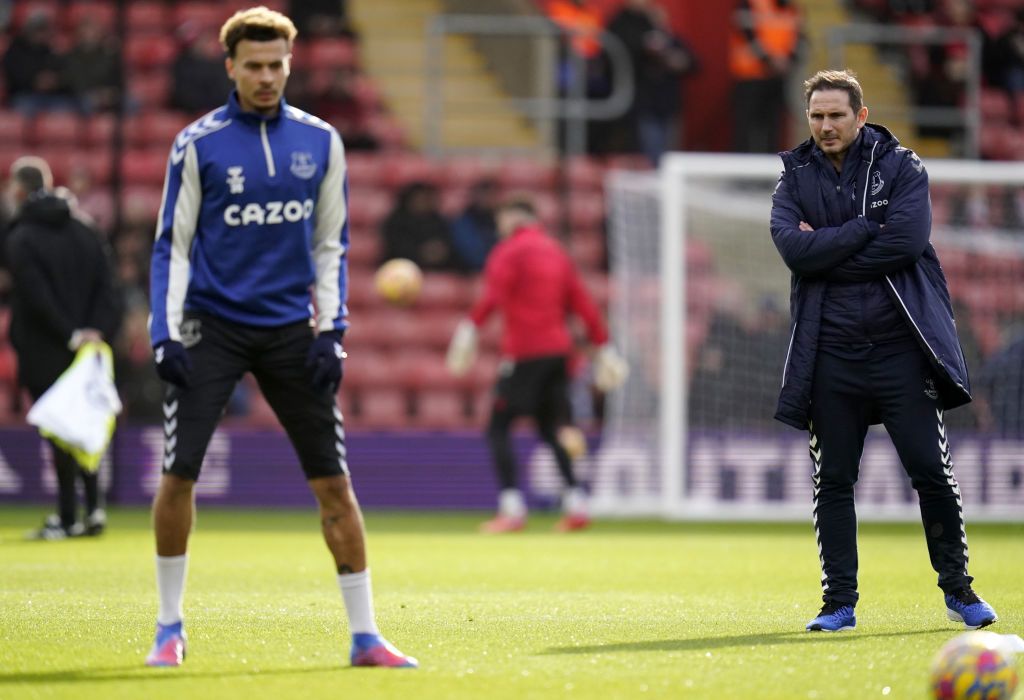 Everton manager Frank Lampard watches Dele Alli in the warm up before the Premier League match at St Mary's, Southampton. Picture date: Saturday February 19, 2022. (Photo by Andrew Matthews/PA Images via Getty Images)