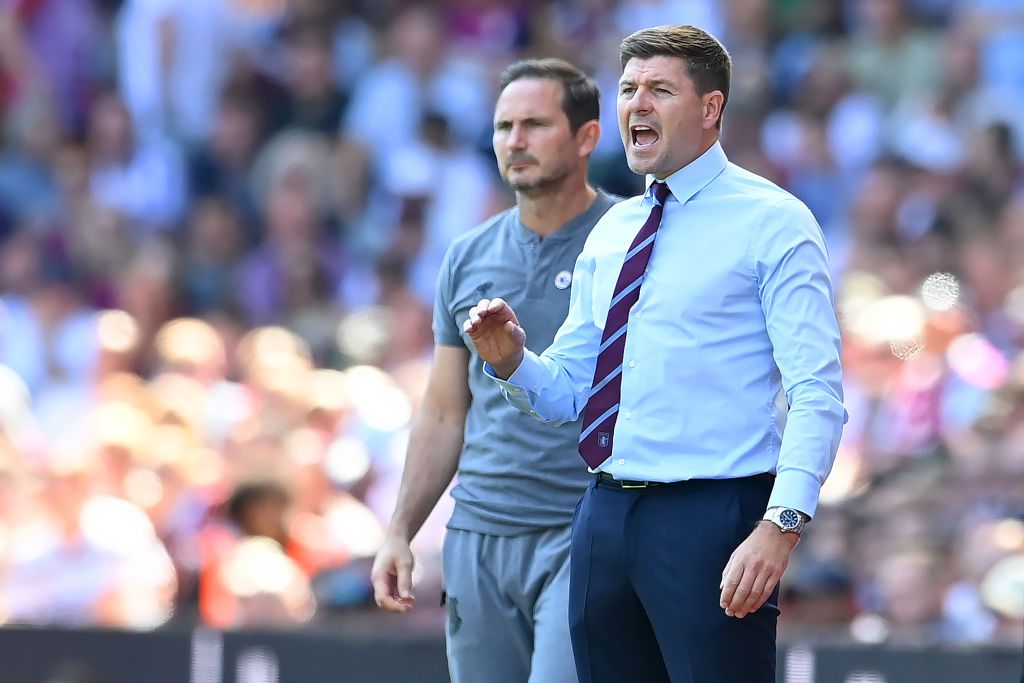 BIRMINGHAM, ENGLAND - AUGUST 13: Everton manager Frank Lampard and Villa manager Steven Gerrard look on during the Premier League match between Aston Villa and Everton FC at Villa Park on August 13, 2022 in Birmingham, England. (Photo by Michael Regan/Getty Images)