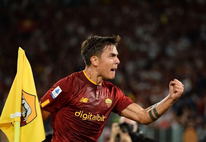 ROME, ITALY - AUGUST 30: Paulo Dybala of AC Monza celebrates after scoring their team's first goal during the Serie A match between AS Roma and AC Monza at Stadio Olimpico on August 30, 2022 in Rome, Italy. (Photo by Paolo Bruno/Getty Images)