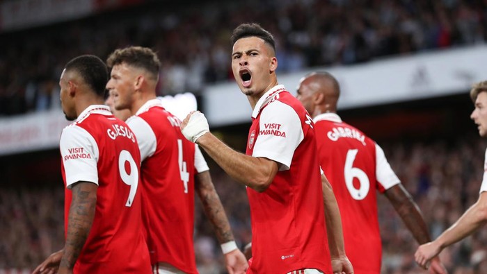 LONDON, ENGLAND - AUGUST 31: Gabriel Martinelli of Arsenal celebrates their sides first goal during the Premier League match between Arsenal FC and Aston Villa at Emirates Stadium on August 31, 2022 in London, United Kingdom. (Photo by Jacques Feeney/Offside/Offside via Getty Images)