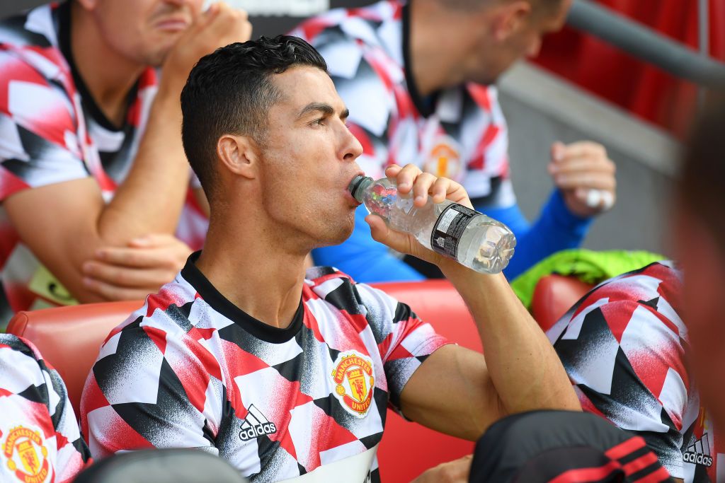 SOUTHAMPTON, ENGLAND - AUGUST 27: Cristiano Ronaldo of Manchester United looks on from the bench prior to the Premier League match between Southampton FC and Manchester United at Friends Provident St. Mary's Stadium on August 27, 2022 in Southampton, England. (Photo by Mike Hewitt/Getty Images)
